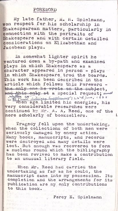 Draft manuscript foreword 'Shakespeare Treads the Boards'