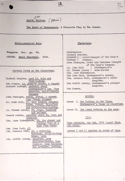 Page 27 showing examples of notes for &lsquo;The Death of Shakespeare&rsquo; by Wilfred Blair