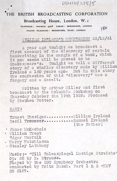 Typed sheet with details of a radio play, &lsquo;William Irelands&rsquo;s Confession&rsquo; by Arthur Miller, provided by the B.B.C. 