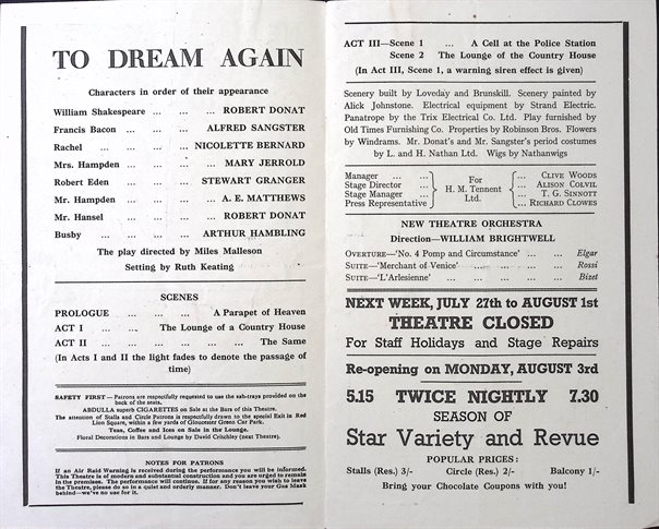 Pages of a programme of a performance of &lsquo;To Dream Again&rsquo; at the New Oxford Theatre