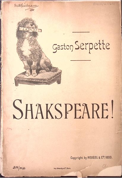 Front page of an opera score featuring a drawing of the dog 'Shakespeare'