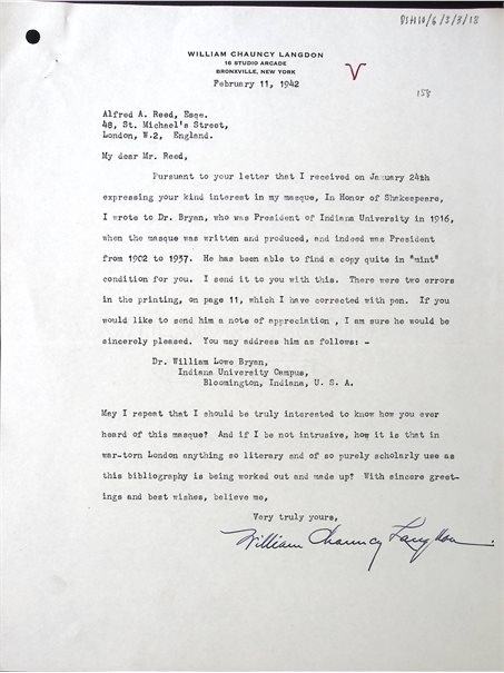Letter from William Chauncey Langdon in New York, to Alfred Reed