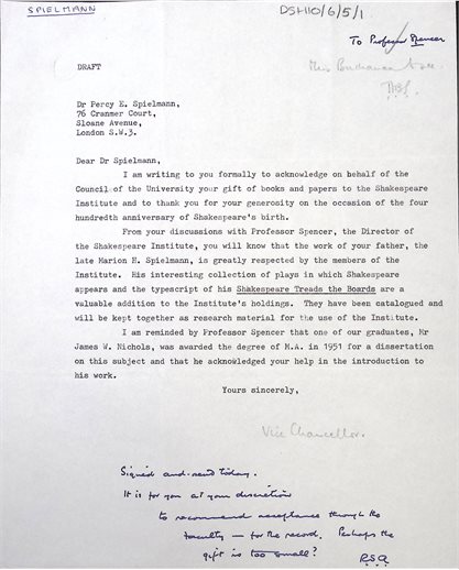 Letter from Robert Aitkin, Vice Chancellor of the University of Birmingham to Dr Percy Spielmann