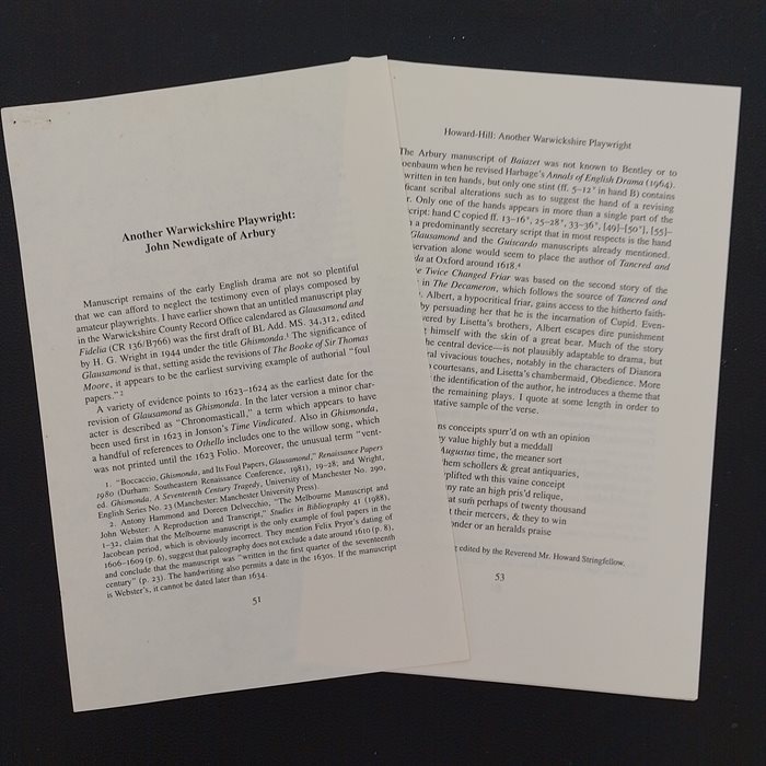 Two printed pages from 'Another Warwickshire playwright: John Newdigate of Arbury'