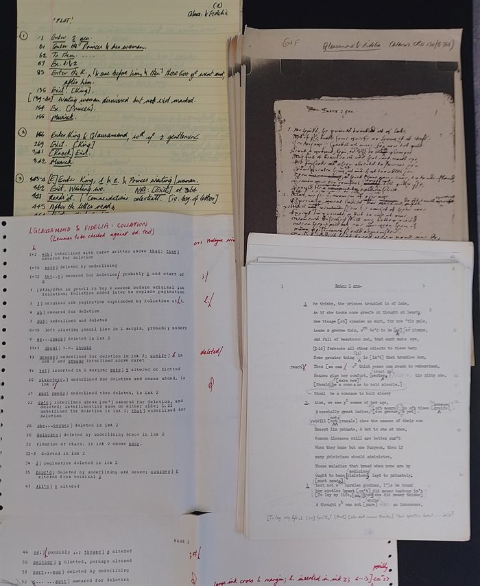 Various typed and handwritten pages spread out regarding Glausamond and Fidelia.