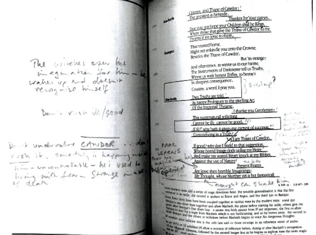 A page from a script of Macbeth, showing an actor's annotations