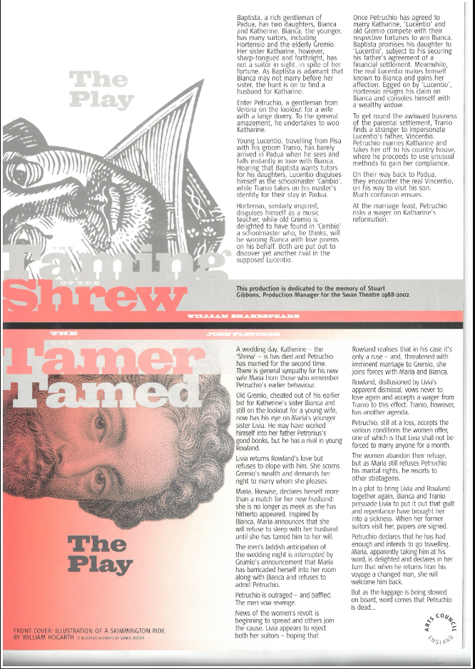 A programme from the 2003 performance of the Tamer Tamed and the Taming of the Shrew, by the RSC