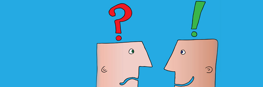 Illustration of two men, with a question mark above his head, and one with an exclamation mark