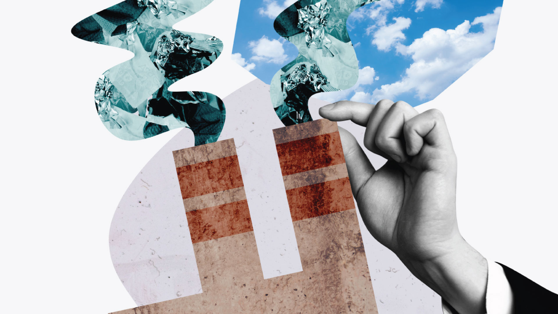 An image collage of a white and white hand pinching factory chimneys spewing gas into the sky.