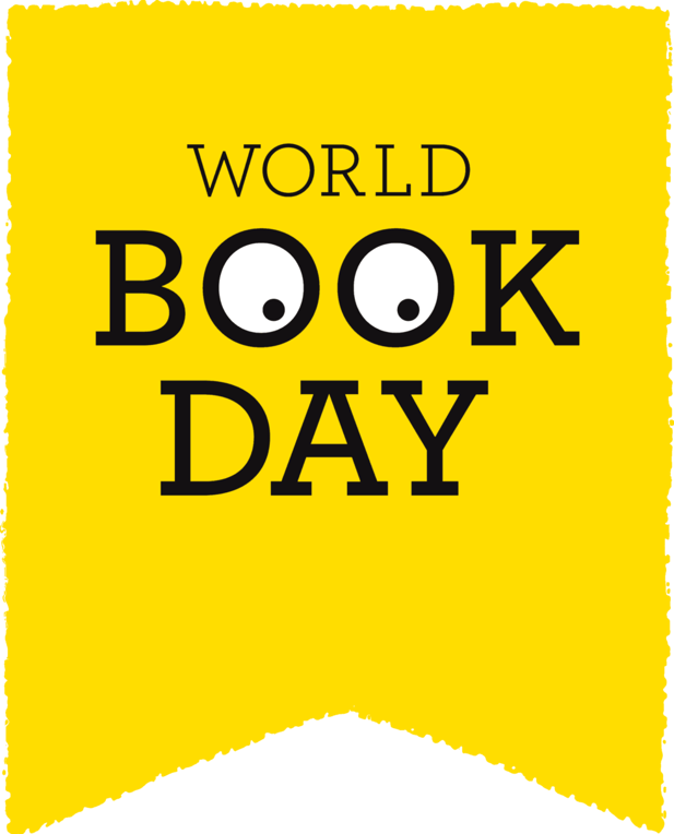 Image is the World Book Day official logo -  a yellow square with the words 'World Book Day'