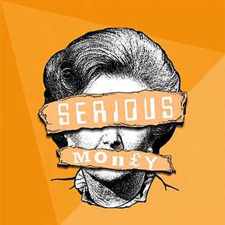Drawing of Margaret Thatcher's head with the banner "Serious Money" advertising Caryl Churchill's play of the same name overlaying her eyes and mouth