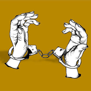 Drawing of a pair of hands, held upwards, with handcuffs holding them together
