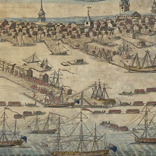 An old drawing of sailing ships in a dock at a city