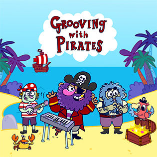 Cartoon of pirates on a beach playing musical instruments