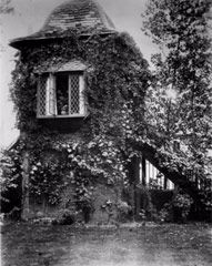 Photograph of a watchtower covered in Ivy