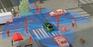 Computer generated image of a car driving along with sensors detecting other cars  and objects
