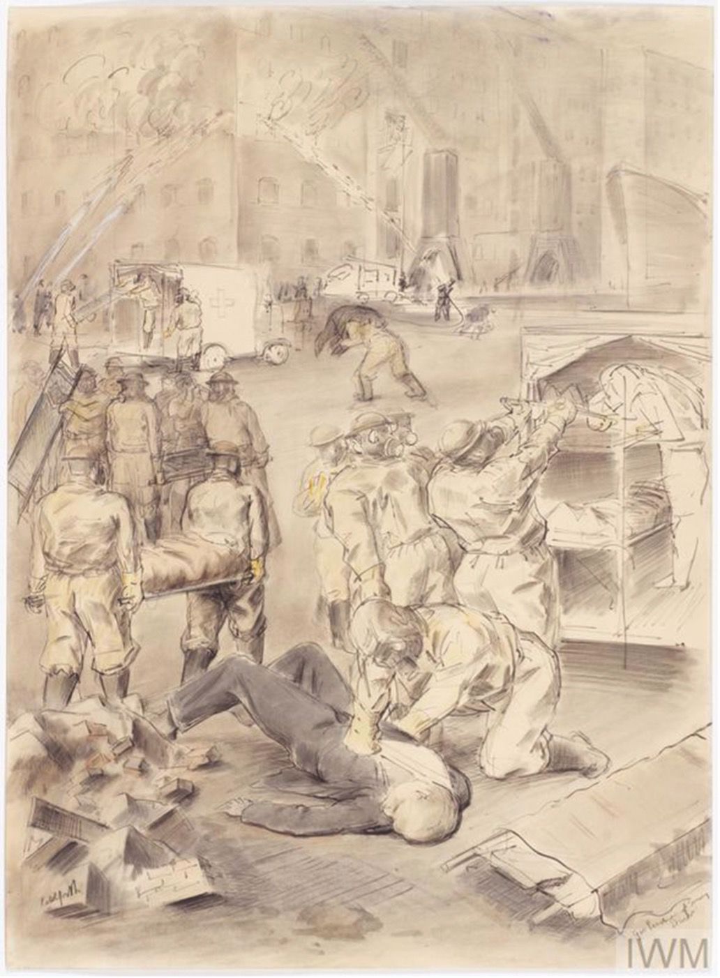 Street scene of buildings on fire with soldiers in gas masks tending to the injured