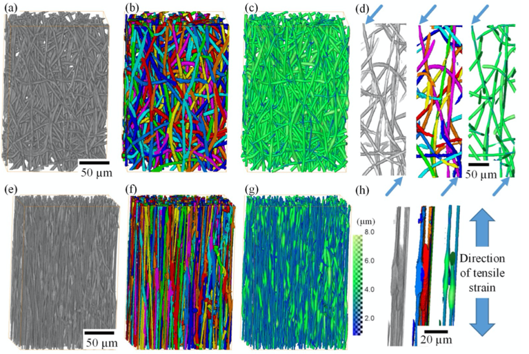 4D imaging of mechanical deformation of electrospun polyhydroxyalkanoates fibres. 3D rendering of small volumes of the P(3HB-co-4HB) fibermats before (a-d) and after deformation (e-h).