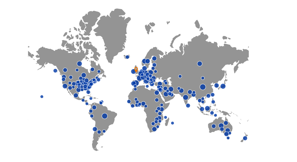Map of the world with showing where College of Medical and Dental Sciences research collaborations