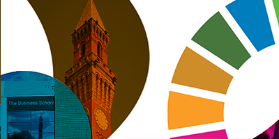 Banner for 2022's conference featuring Old Joe clock tower, the Business School building and the SDG wheel.