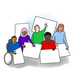 Pencil image showing a group of people (one in a wheelchair) from different cultures, holding up posters