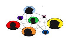 Pencil drawing of a network connecting different coloured circles containing silhouettes of people
