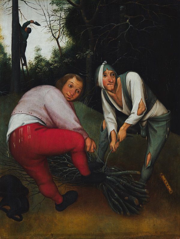 Brueghel the Younger's 'Two Peasants binding Firewood' featuring two individuals looking round suspiciously as they gather firewood – suggesting they are stealing it.