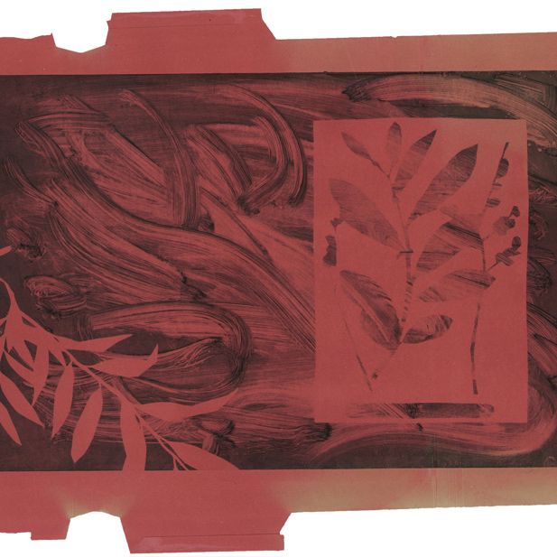 Red and black lino print featuring outlines of leaves and other foliage.