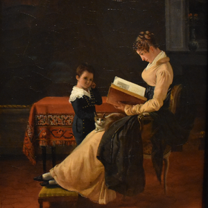 Image of 'The Reader' a painting by Marguerite Gérard. A woman sits reading a book, entirely absorbed while her young son tries to catch her attention.