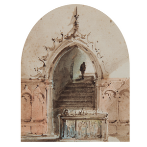 A delicate watercolour of a figure moving through an archway and up a set of stairs. The palette is a range of browns and greys and the archway is defined by light brush feathering.