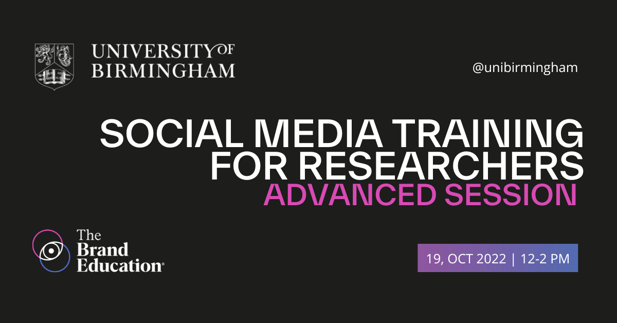 black banner with white and purple text to advertise the date and time of this Advanced Social Media Workshop, held in collaboration with external company, The Branded Education