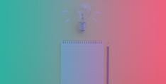 Notepad on a desk, pink and blue background
