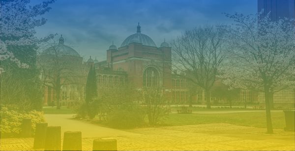 The Aston Webb building on the University of Birmingham Edgbaston campus with a transparent overlay of the Ukrainian flag