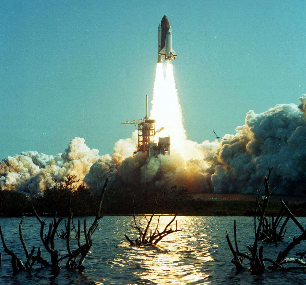 Space Shuttle Challenger taking off from Cape Canaveral.