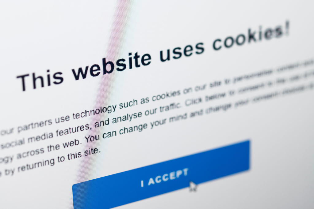close up image of a computer screen, with a cookies pop up on screen.