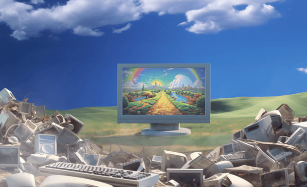 Artwork of a computer screen in a field with other discarded computer parts surrounding the screen