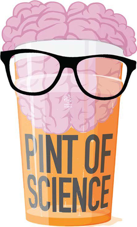 Cartoon depiction of a pint of liquid with a brain floating inside the glass