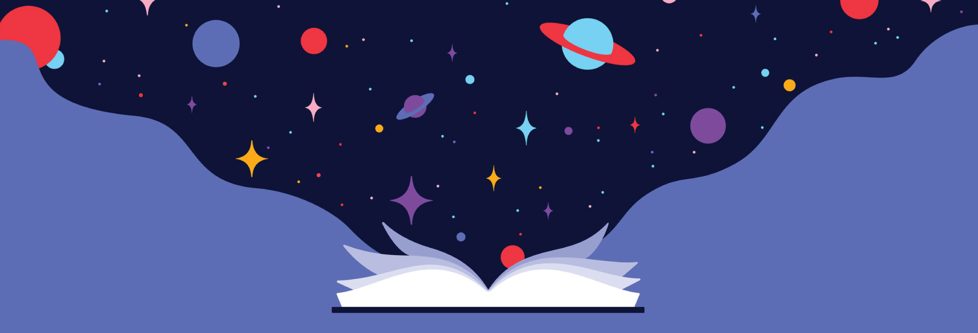 An illustration depicting the universe bursting out of the pages of a book.