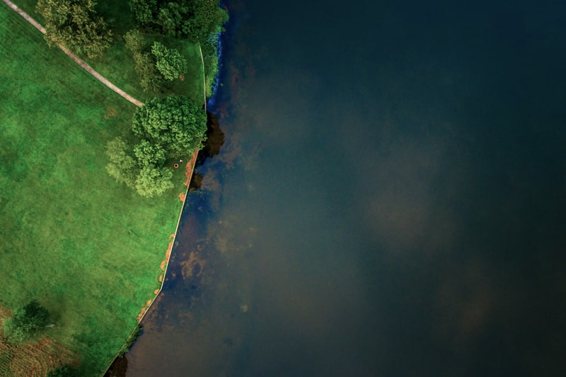 Bucolic aerial shot of green land with trees and a pathway meeting a wide river