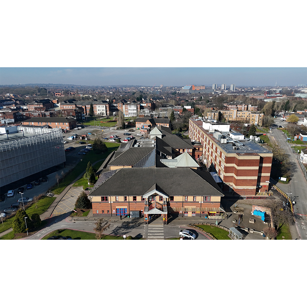 Aerial view of the Birmingham and Midland Eye Centre in Birmingham, UK.