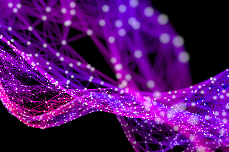 Algorithm visually represented by interconected dots against a purple and black background