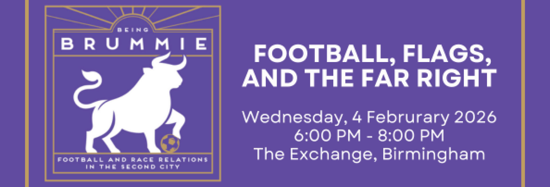 Purple event graphic with a white bull and football. 