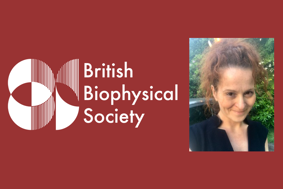 Logo of the British Biophysical Society next to a photo of Professor Pola Goldberg Oppenheimer 