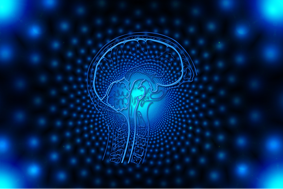 Illustration of the human brain with kaleidoscopic blue lights emanating from it