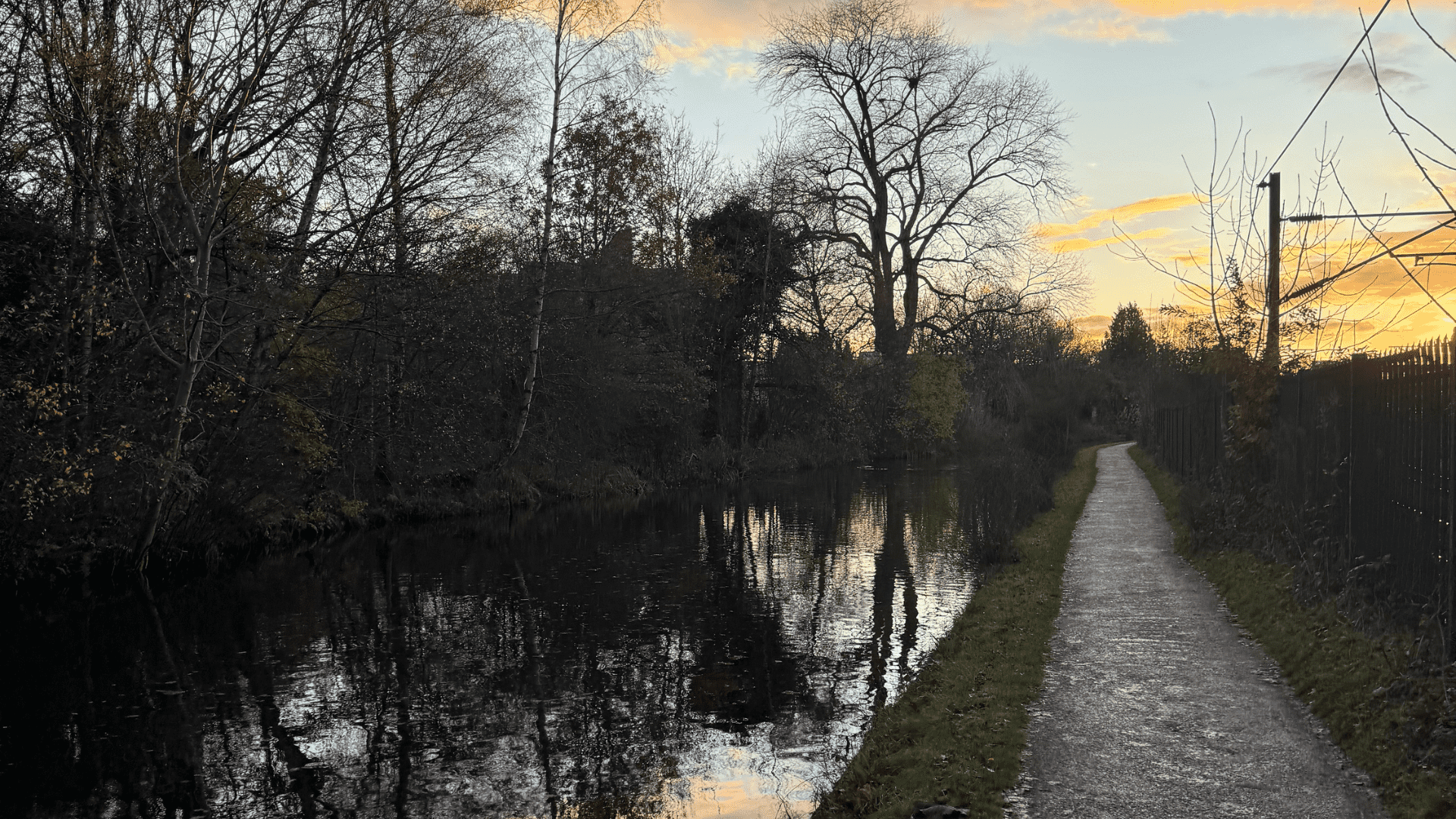 A view along the canals by University of Birmingham at sunset