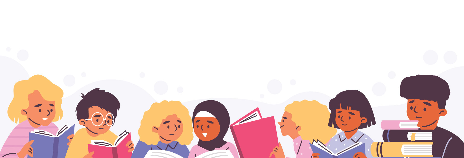 Illustration of seven children reading books.