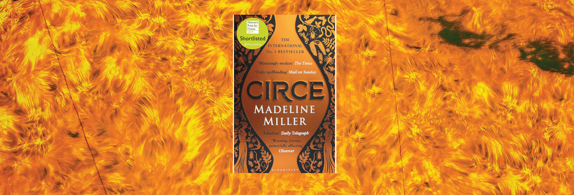The book cover for Circe by Madeline Miller sits against the backdrop of the surface of the Sun.