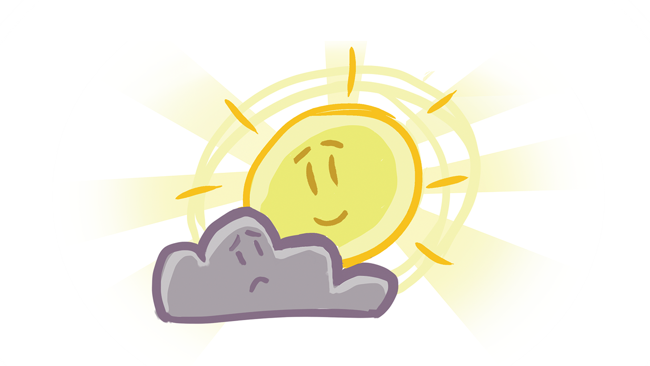 An illustration of a grey sad cloud with a smiling sun behind it