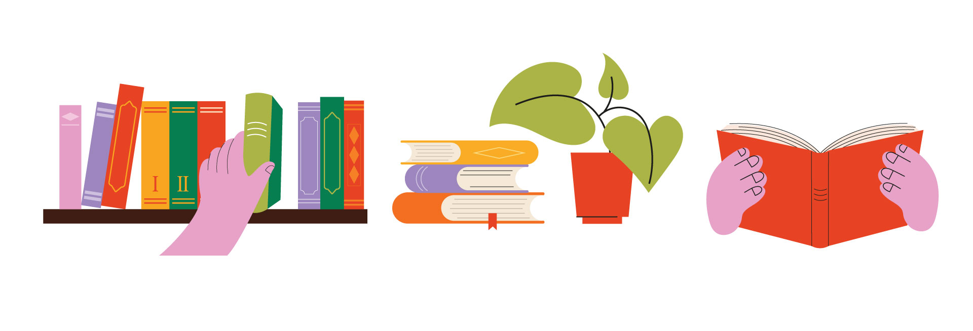 Three illustrations depicting a stacked bookshelf, a pile of books like a potted plant, and a pair of hands holding a book.