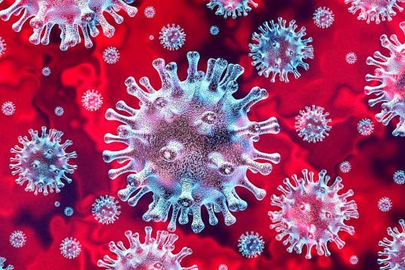 Graphic illustration showing multiple blue coronavirus against a red background.